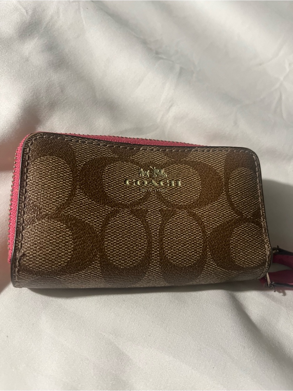 Coach Signature Double Zip Card Case Wallet in Brown with Pink Trim